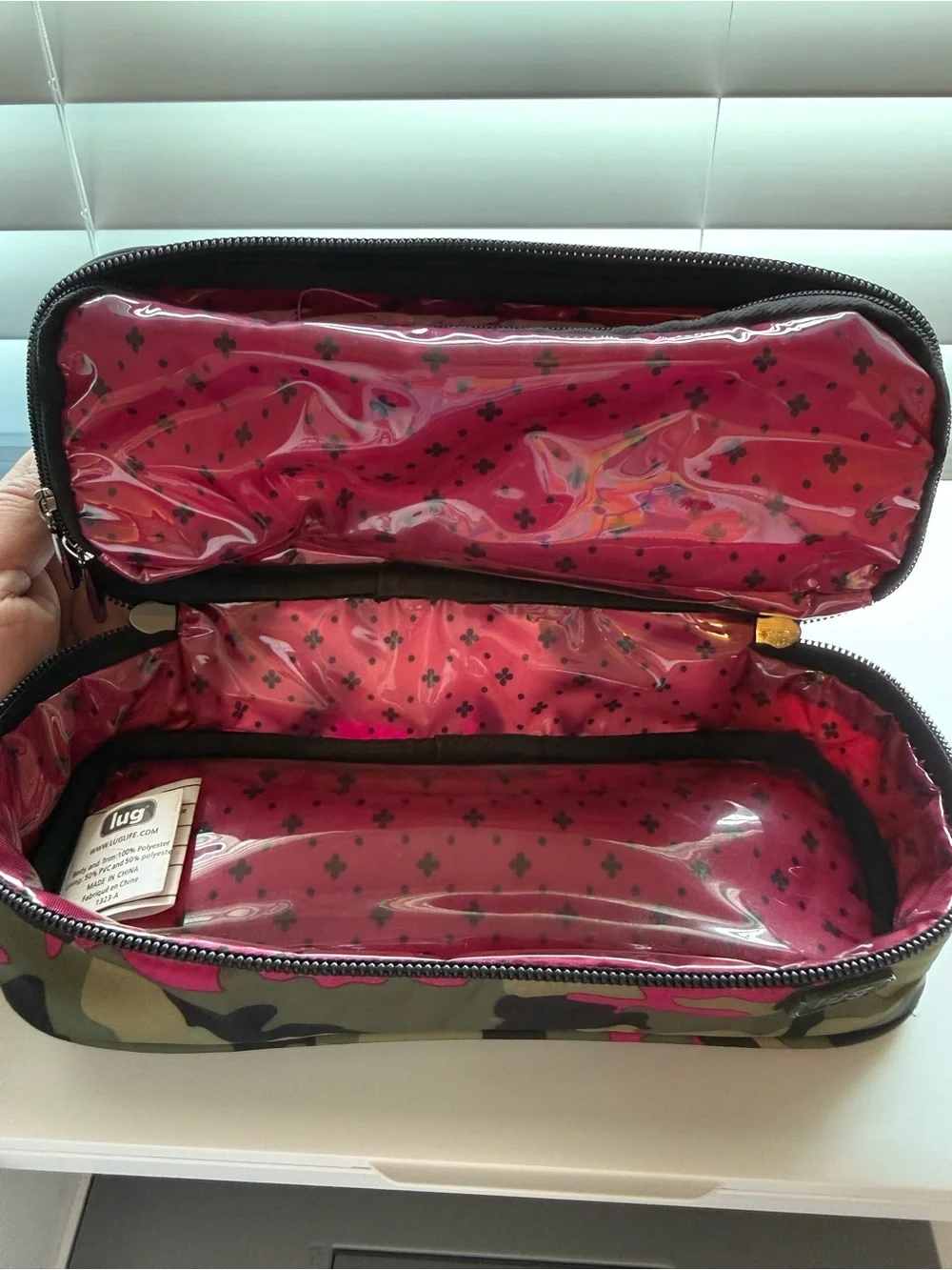 Lug brand olive/pink/black Camo Cosmetic Case with lots of storage sections